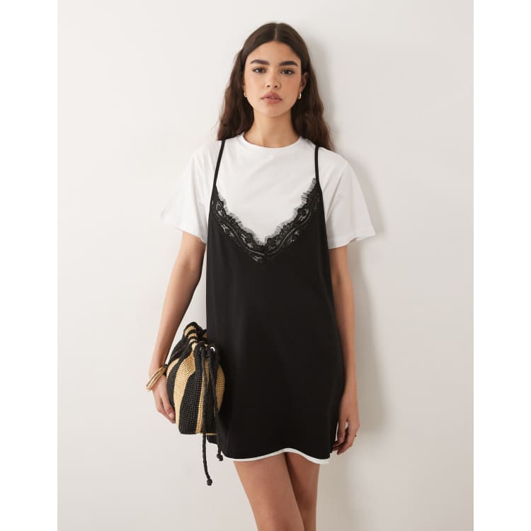 ASOS DESIGN short sleeve lace overlay mini dress in white and black | ASOS
