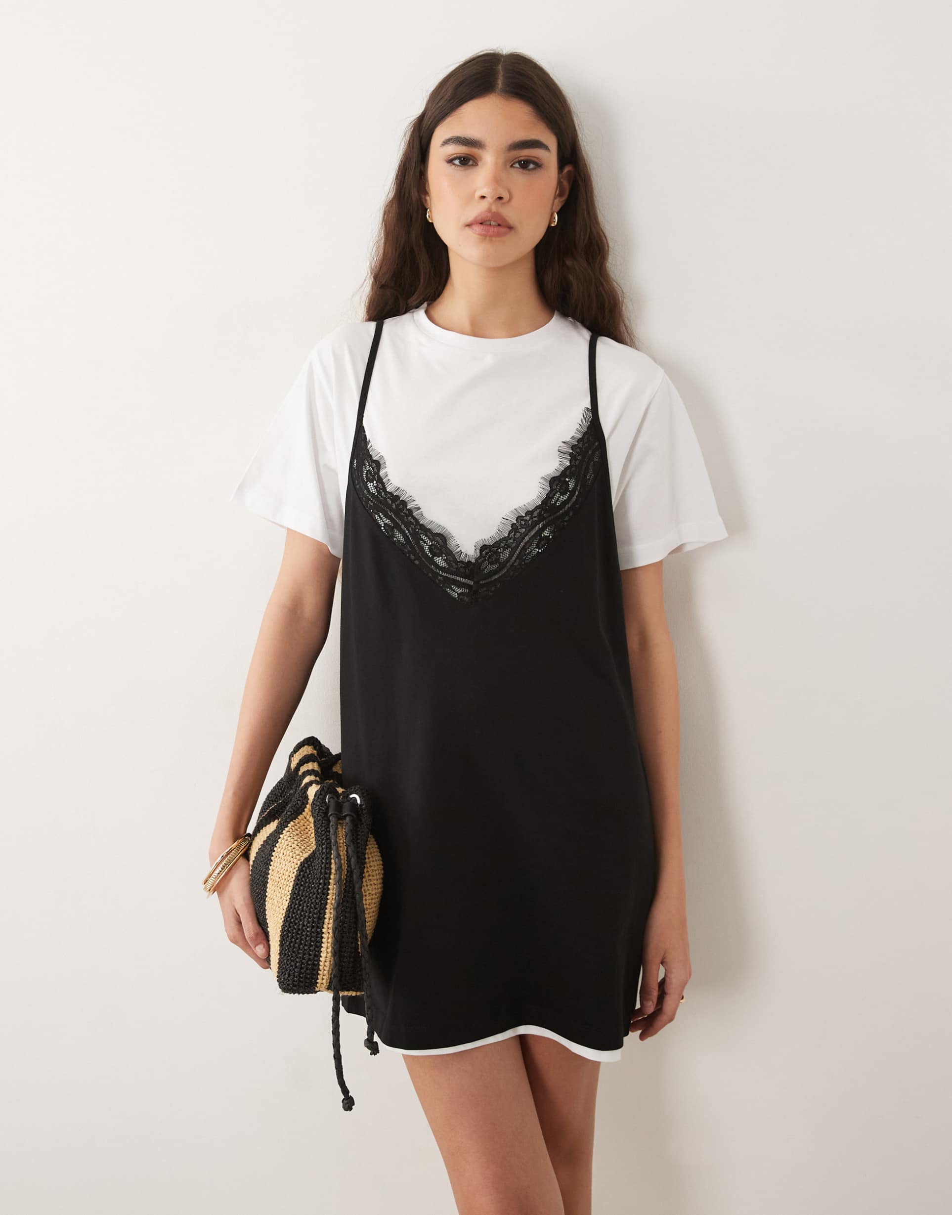 asos design short sleeve lace overlay mini dress in white and black