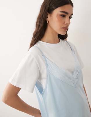 ASOS DESIGN short sleeve lace overlay mini dress in white and light blue