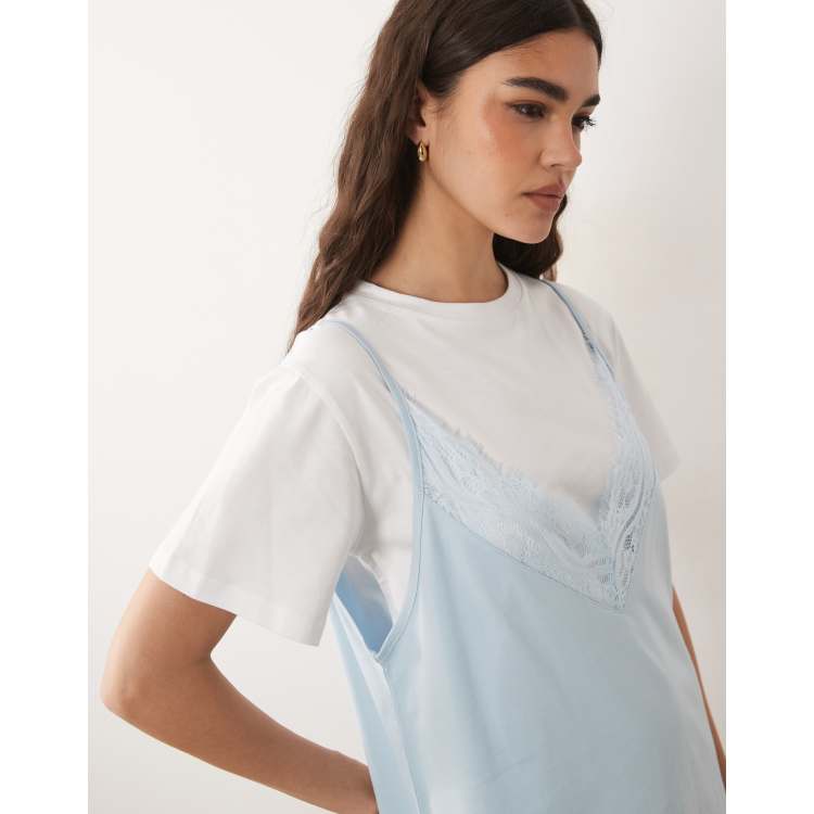 ASOS DESIGN short sleeve lace overlay mini dress in white and light blue |  ASOS