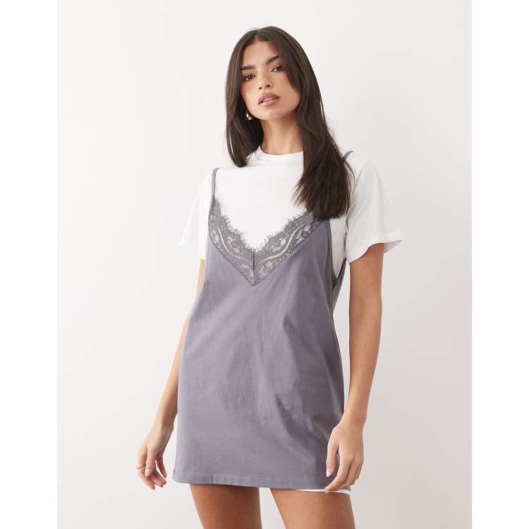ASOS DESIGN short sleeve lace overlay mini dress in white and lilac | ASOS
