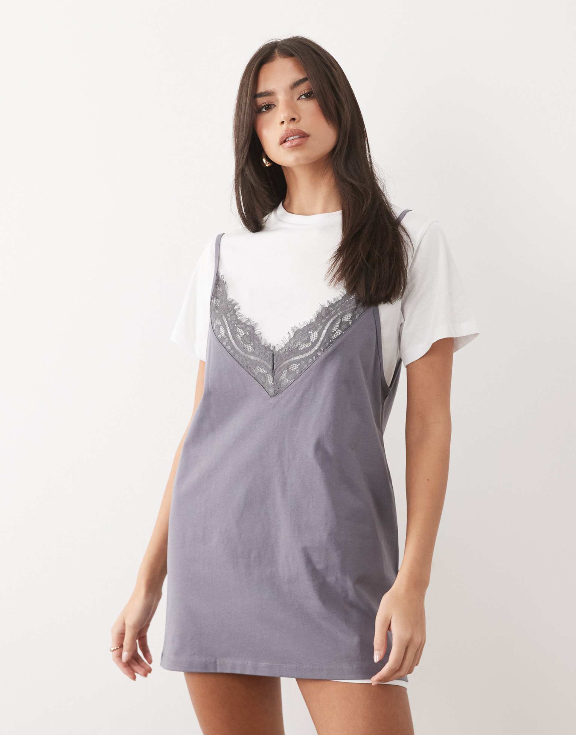 asos design short sleeve lace overlay mini dress in white and lilac