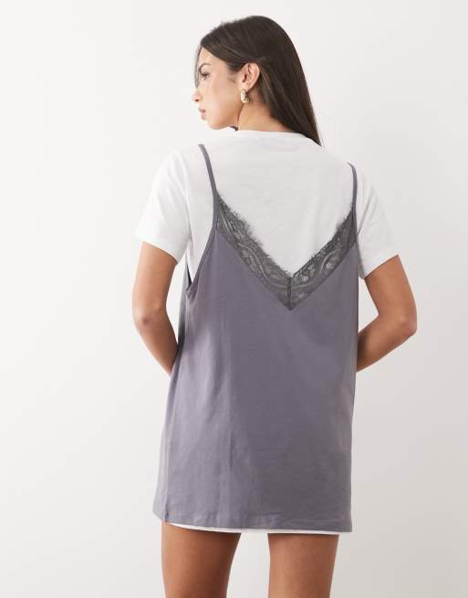 ASOS DESIGN short sleeve lace overlay mini dress in white and lilac, 2 of 4