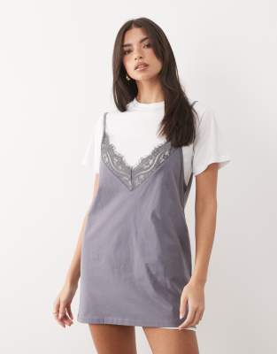 Asos Design Short Sleeve Lace Overlay Mini Dress In Multi