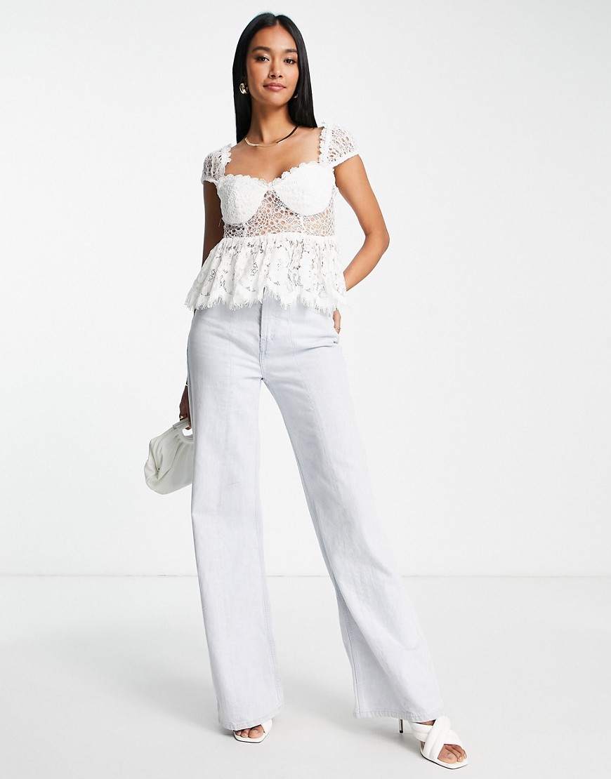 ASOS DESIGN short sleeve lace peplum top with corset detail in ivory-Multi