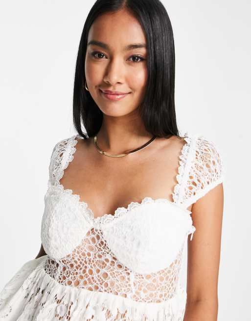 ASOS DESIGN short sleeve lace peplum top with corset detail in ivory, 3 of 4
