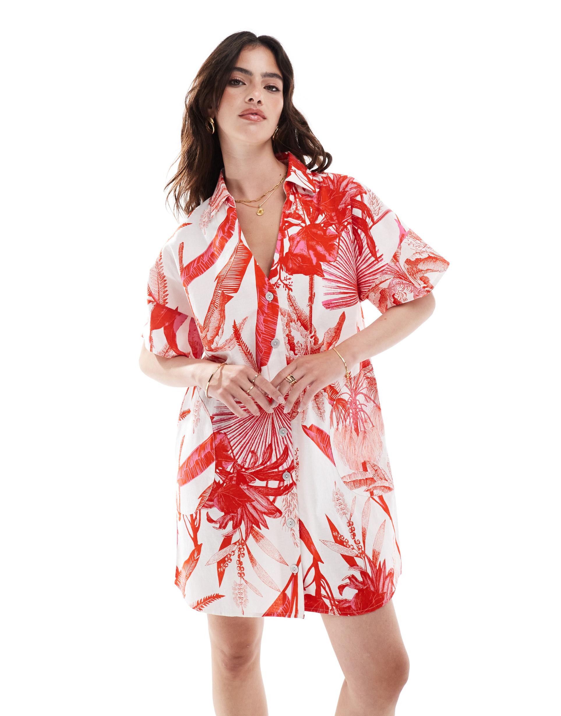 asos design short sleeve linen blend boxy mini shirt dress in red tropical print