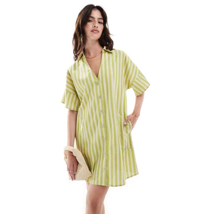 asos linen shirt dress ASOS DESIGN Curve short sleeve linen look boxy mini shirt dress in tile  print