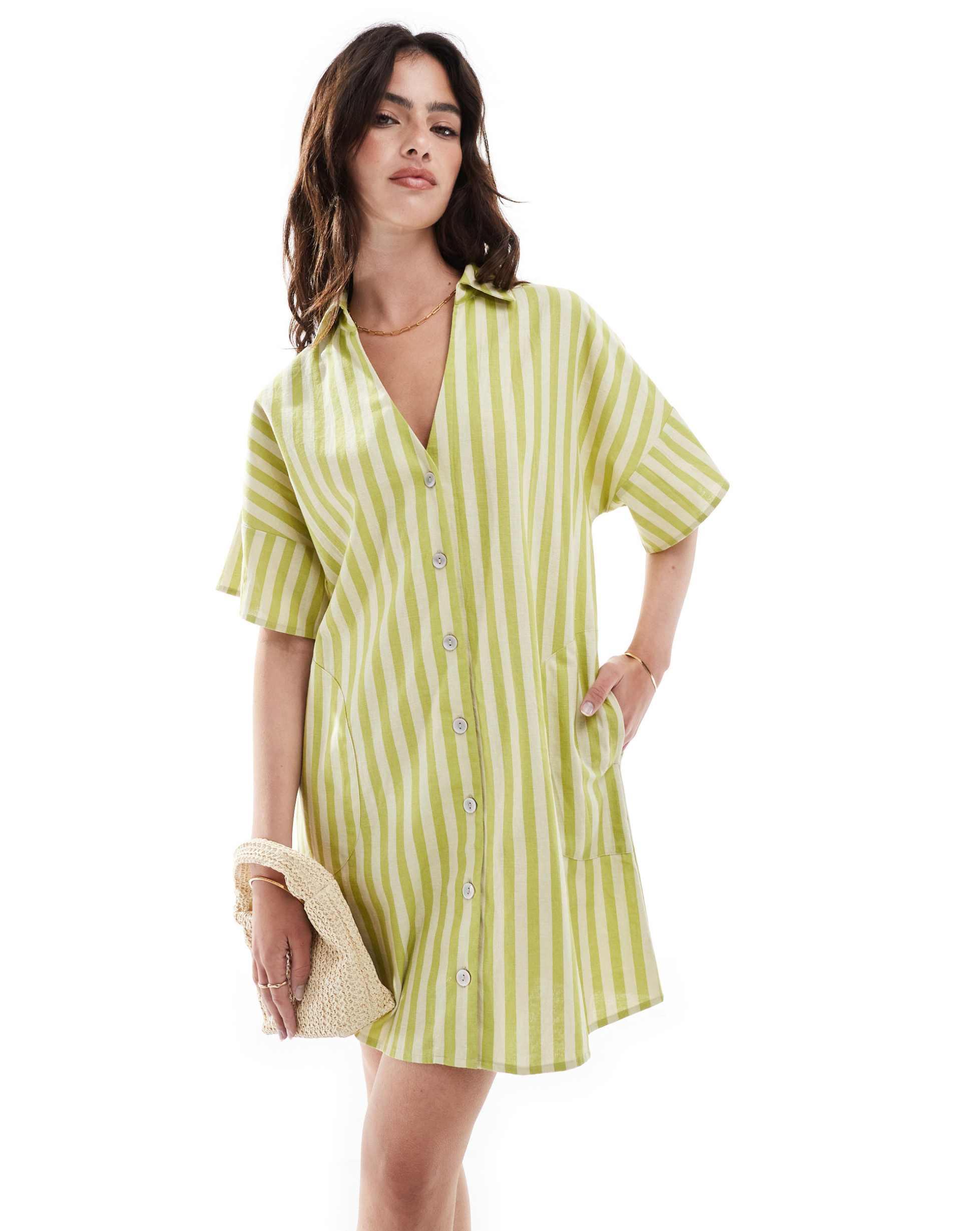 asos design short sleeve linen boxy mini shirt dress in green stripe