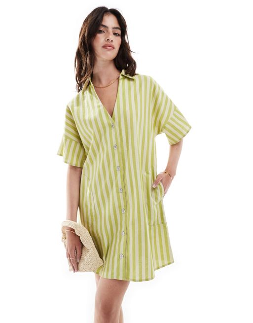  ASOS DESIGN short sleeve linen boxy mini shirt dress in green stripe