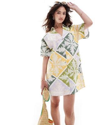 Asos Design Short Sleeve Linen Mix Boxy Mini Shirt Dress In Tile Print-multi