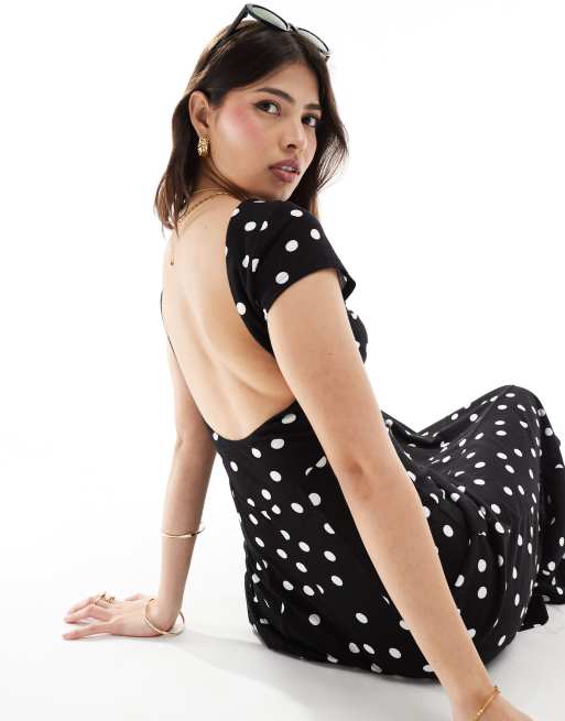 ASOS DESIGN short sleeve low back maxi dress in mono polka dot ASOS