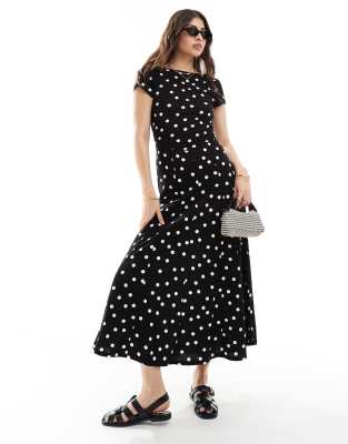 Asos Design Short Sleeve Low Back Maxi Dress In Monochrome Polka Dot-black