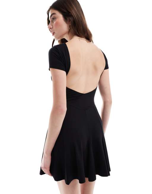 ASOS DESIGN short sleeve low back mini dress with godets in black