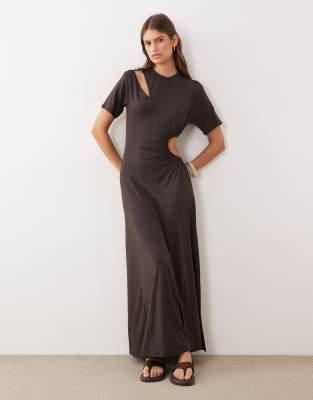 ASOS DESIGN short sleeve maxi dress with cut out detail in chocolate