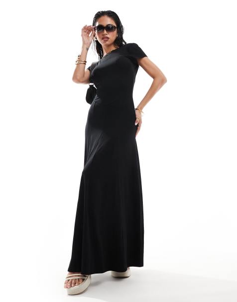 ASOS DESIGN short sleeve maxi tea dress with godets in black - view 1