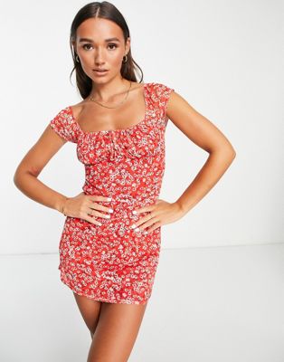 ASOS DESIGN short sleeve mesh mini tea dress with ruched bust in red ditsy floral
