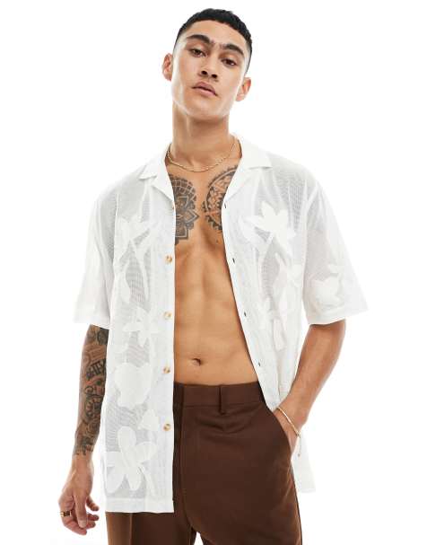 ASOS DESIGN  short sleeve mesh revere shirt with embroidery in ecru  - view 1