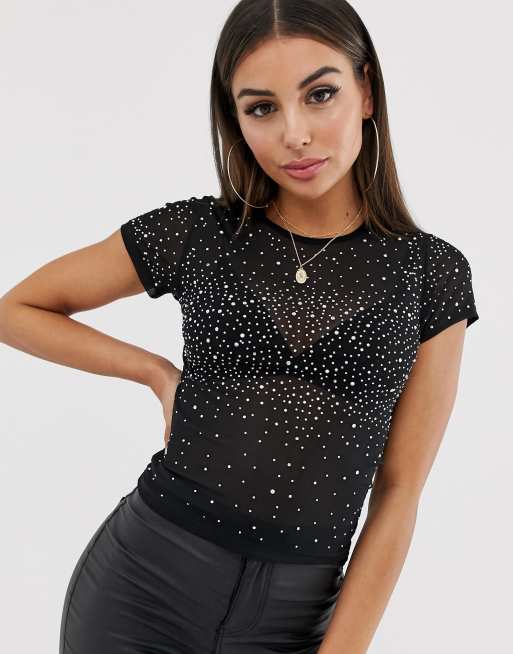ASOS DESIGN short sleeve mesh top with crystal studs ASOS