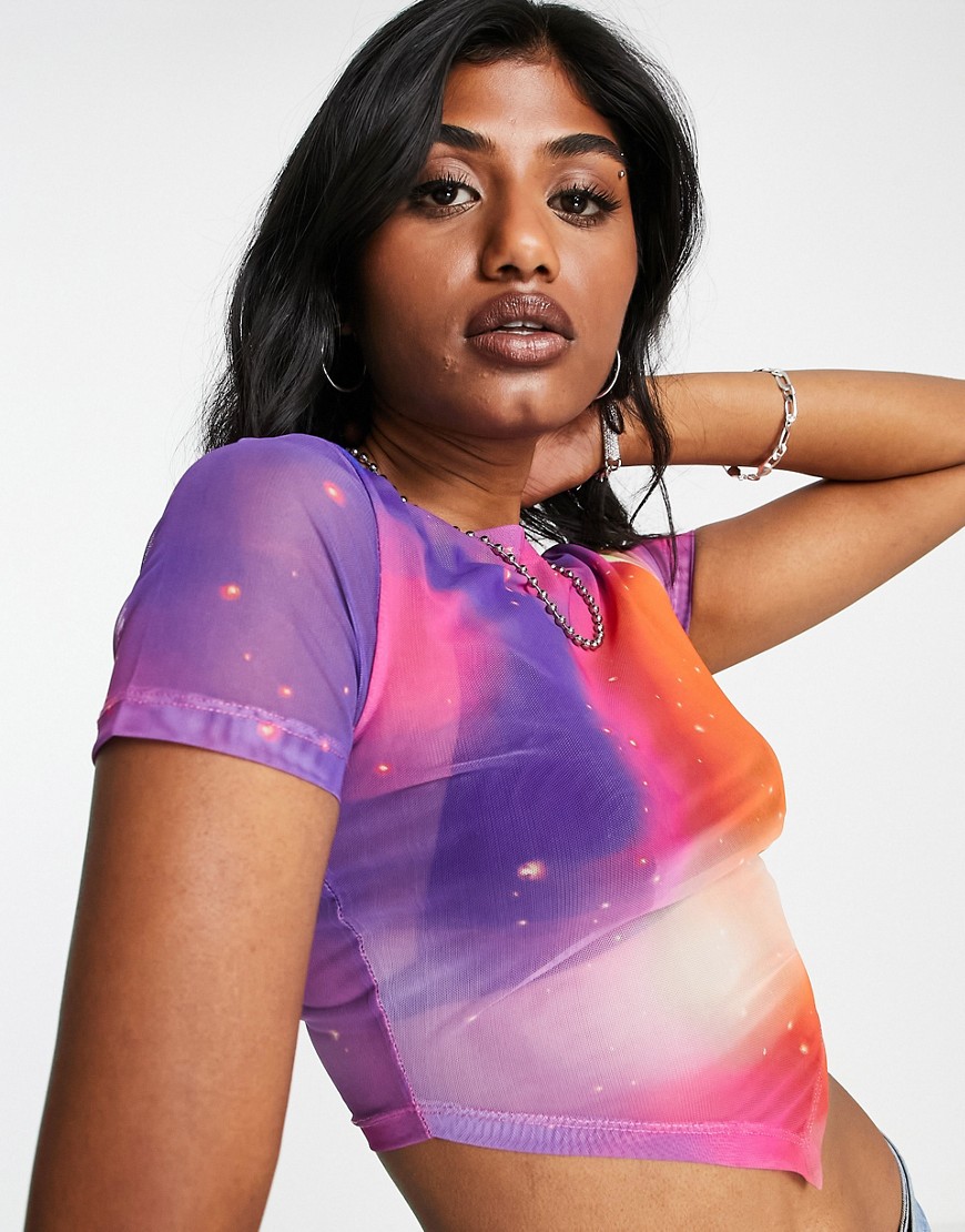 ASOS DESIGN short sleeve mesh top with scarf hem in galaxy print - MULTI