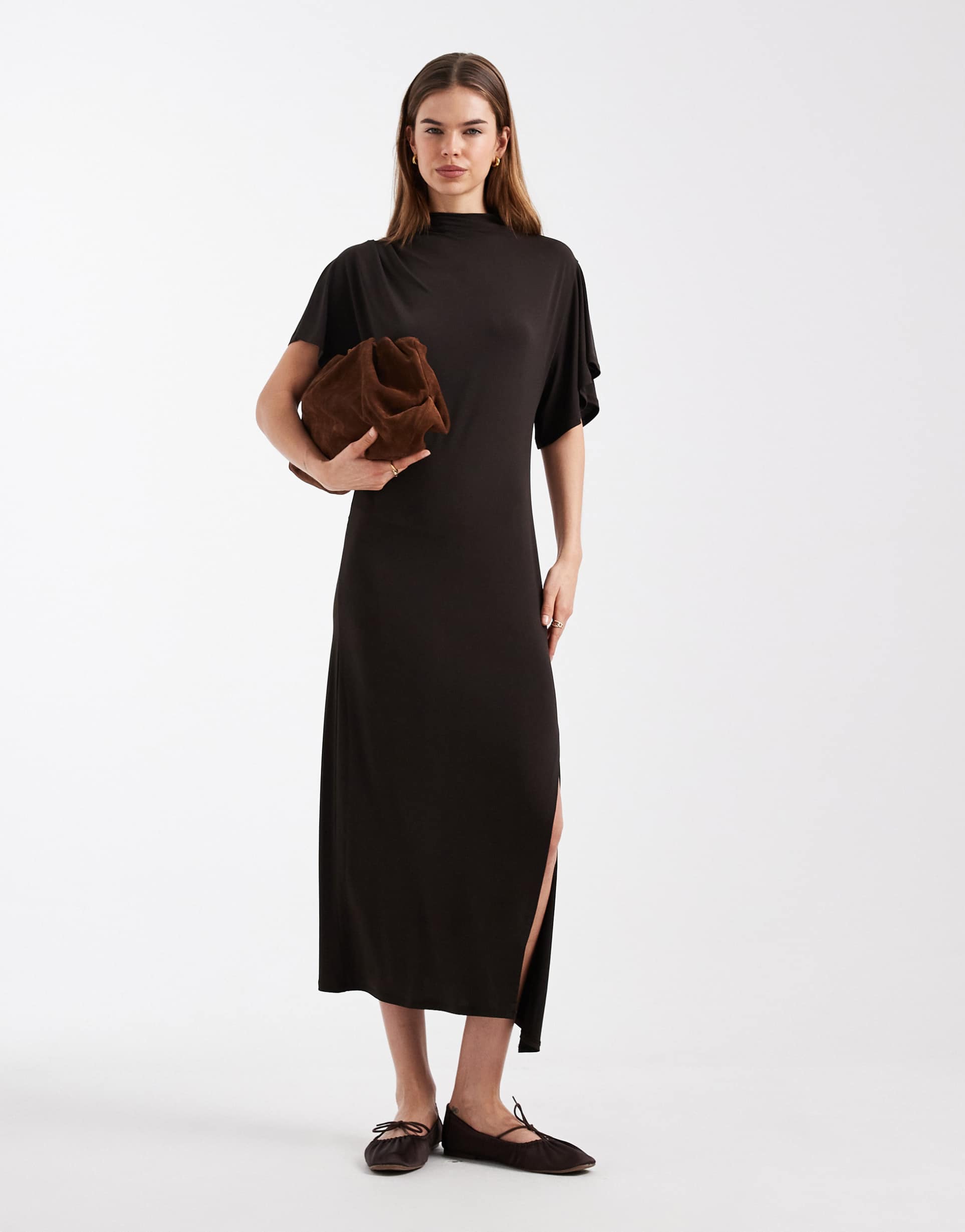 asos design short sleeve midaxi dress in brown