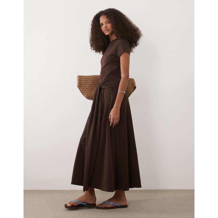 chocolate satin short sleeve ruched midaxi dress Dresses | Chocolate Satin Short Sleeve Ruched Midaxi Dress