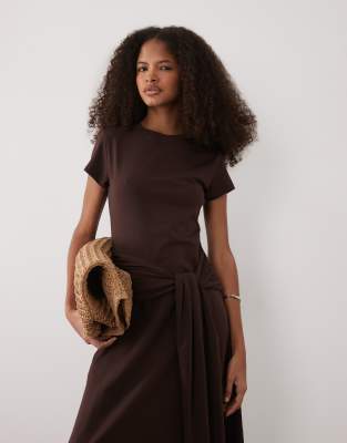 chocolate satin short sleeve ruched midaxi dress Satin Prom Dresses