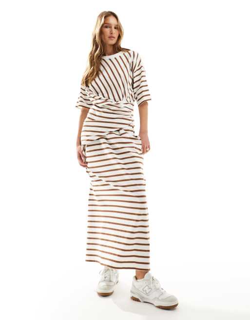 ASOS DESIGN short sleeve midaxi dress with twist detail in cream and brown stripe