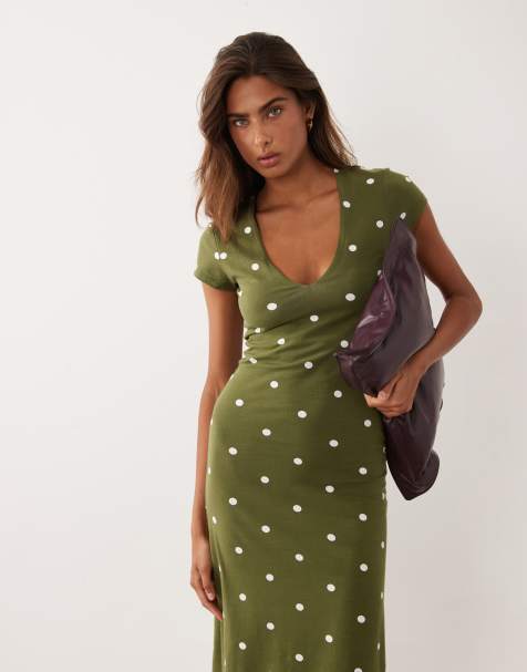ASOS DESIGN short sleeve midi dress in khaki and cream polka dot - view 1
