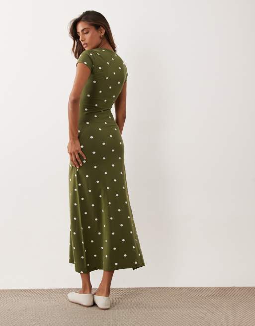 ASOS DESIGN short sleeve midi dress in khaki and cream polka dot, 4 of 4