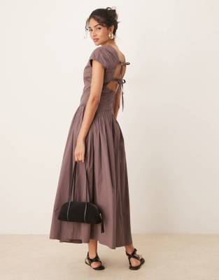 Asos Design Short Sleeve Midi Dress With Open Back Tie Detail In Purple