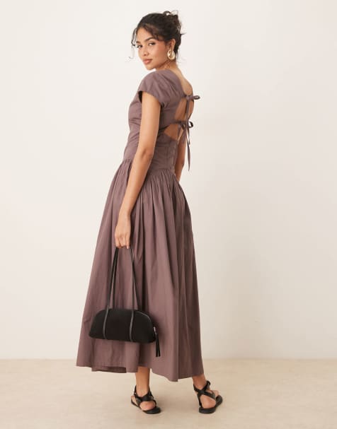 ASOS DESIGN short sleeve midi dress with open back tie detail in bitter chocolate - view 1