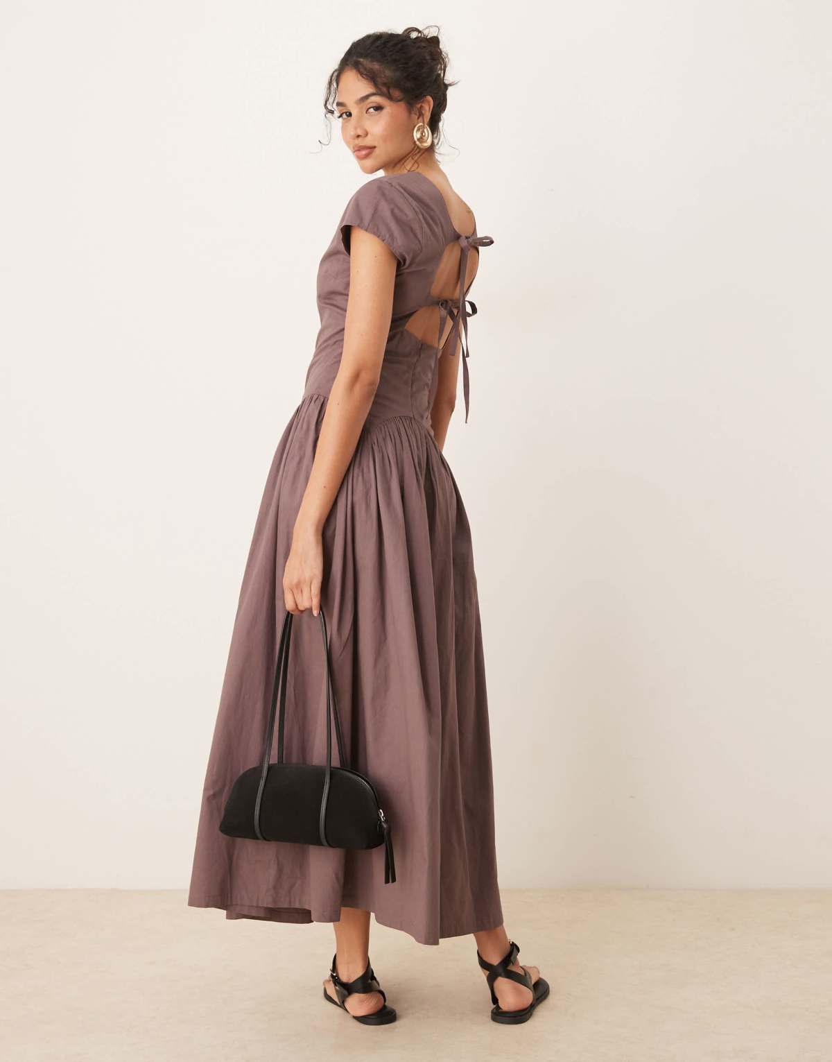 ASOS DESIGN short sleeve midi dress with open back tie detail in bitter chocolate