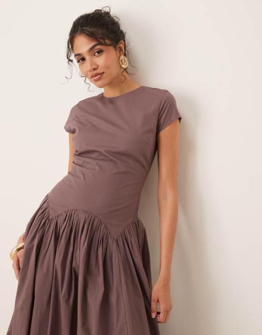 ASOS DESIGN short sleeve midi dress with open back tie detail in bitter chocolate