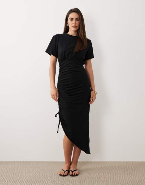 ASOS DESIGN short sleeve midi dress with ruched tie side detail in black - view 1