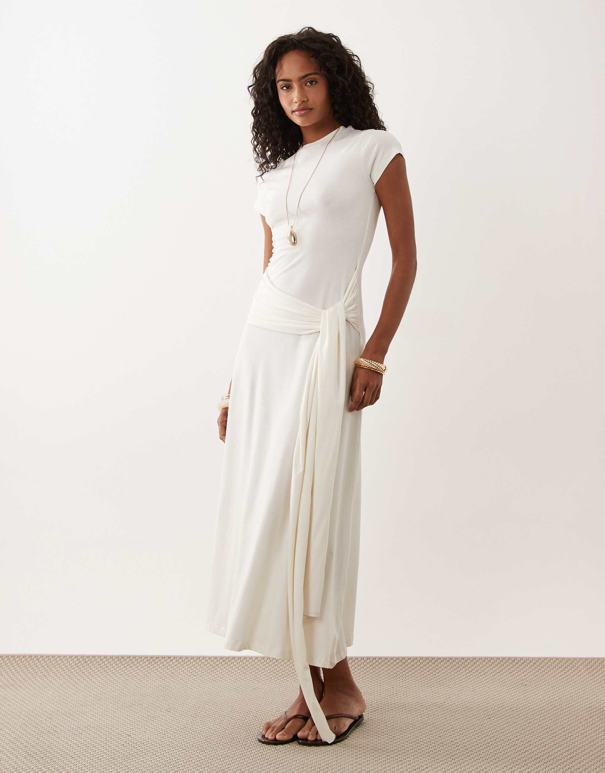 asos design short sleeve midi dress with tie waist in cream