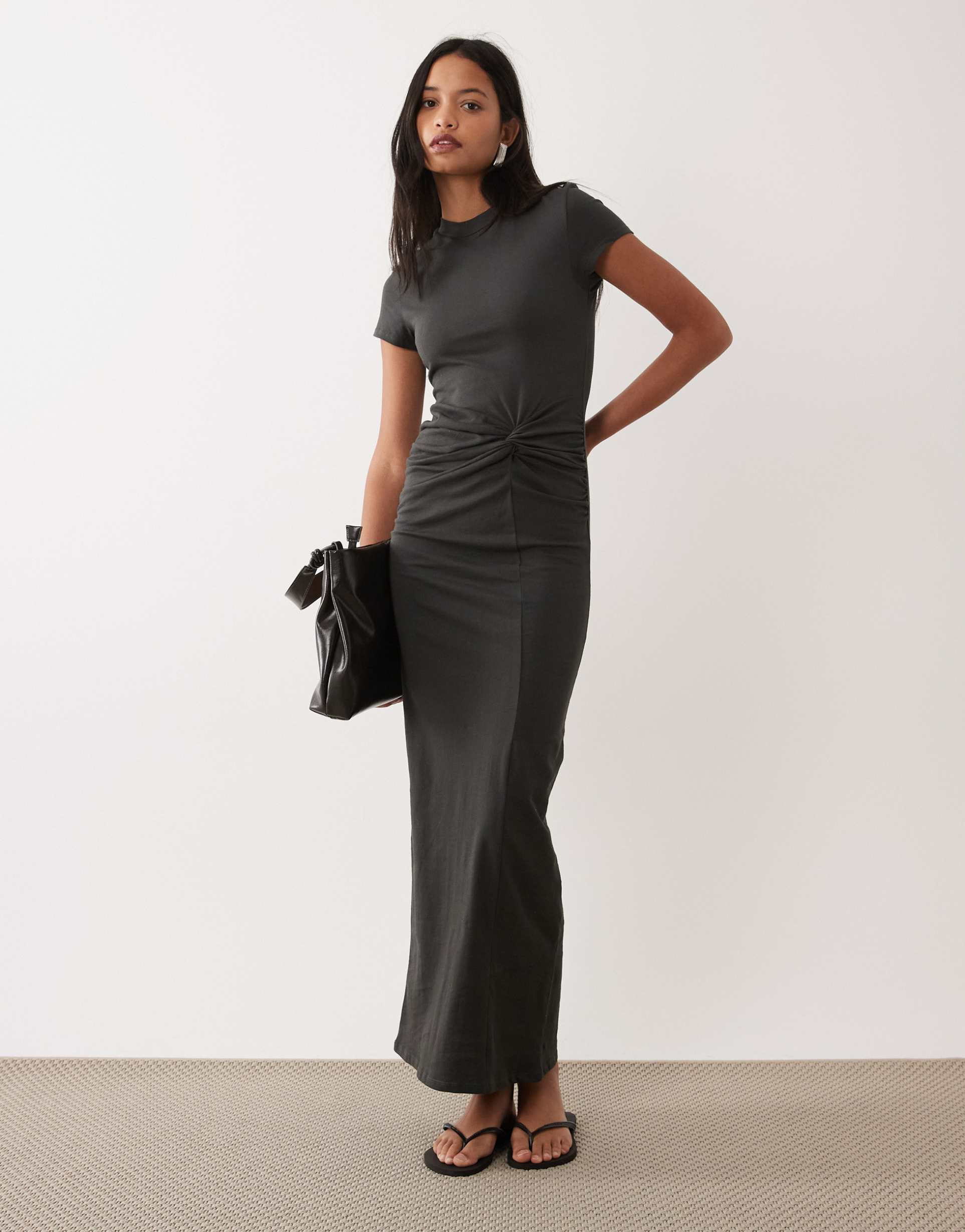 asos design short sleeve midi dress with twist detail in charcoal