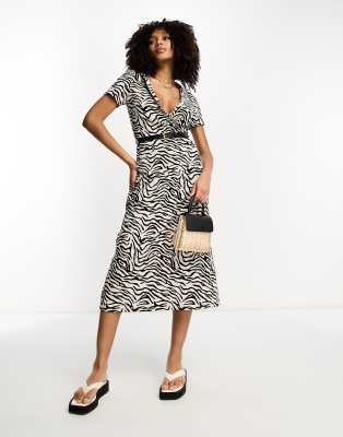 ASOS DESIGN short sleeve midi wrap dress with belt in mono zebra print-Multi