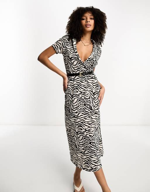 ASOS DESIGN short sleeve midi wrap dress with belt in mono zebra print