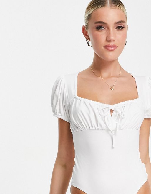 ASOS DESIGN shirt collar bodysuit with ruching in white