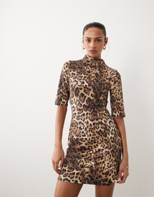 Asos Design Short Sleeve Mini Dress In Animal Print