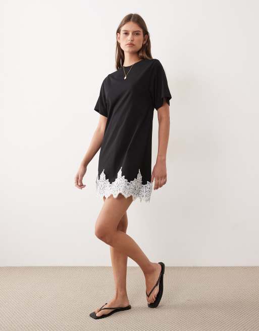 ASOS DESIGN short sleeve mini dress lace trim hem in black, 2 of 4