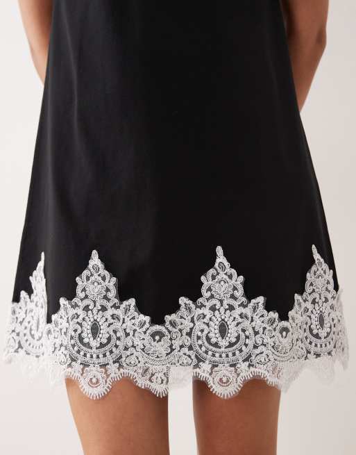 ASOS DESIGN short sleeve mini dress lace trim hem in black, 3 of 4