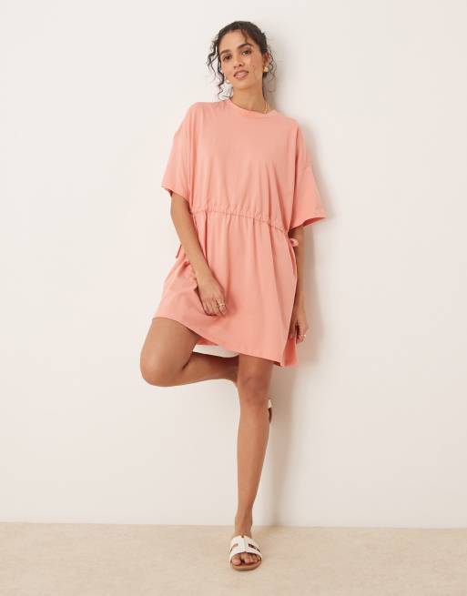 ASOS Design Short Sleeve Mini Dress with Channel Waist in Terracotta-Pink
