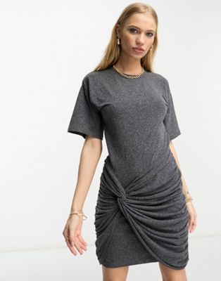 ASOS DESIGN short sleeve mini dress with drape side detail in black marl - ASOS Price Checker
