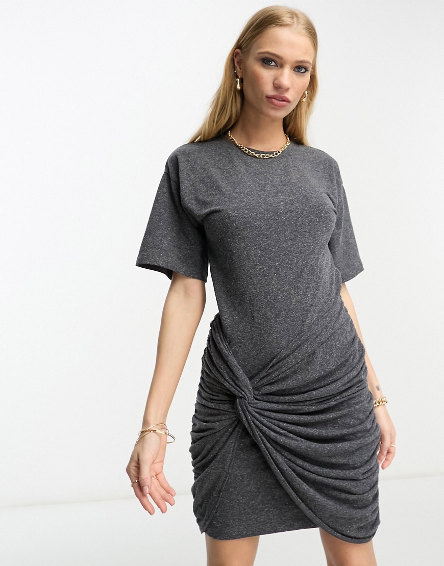 ASOS DESIGN short sleeve mini dress with drape side detail in black marl