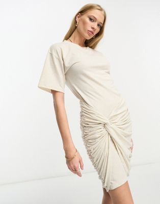 ASOS DESIGN short sleeve mini dress with drape side detail in oat | ASOS