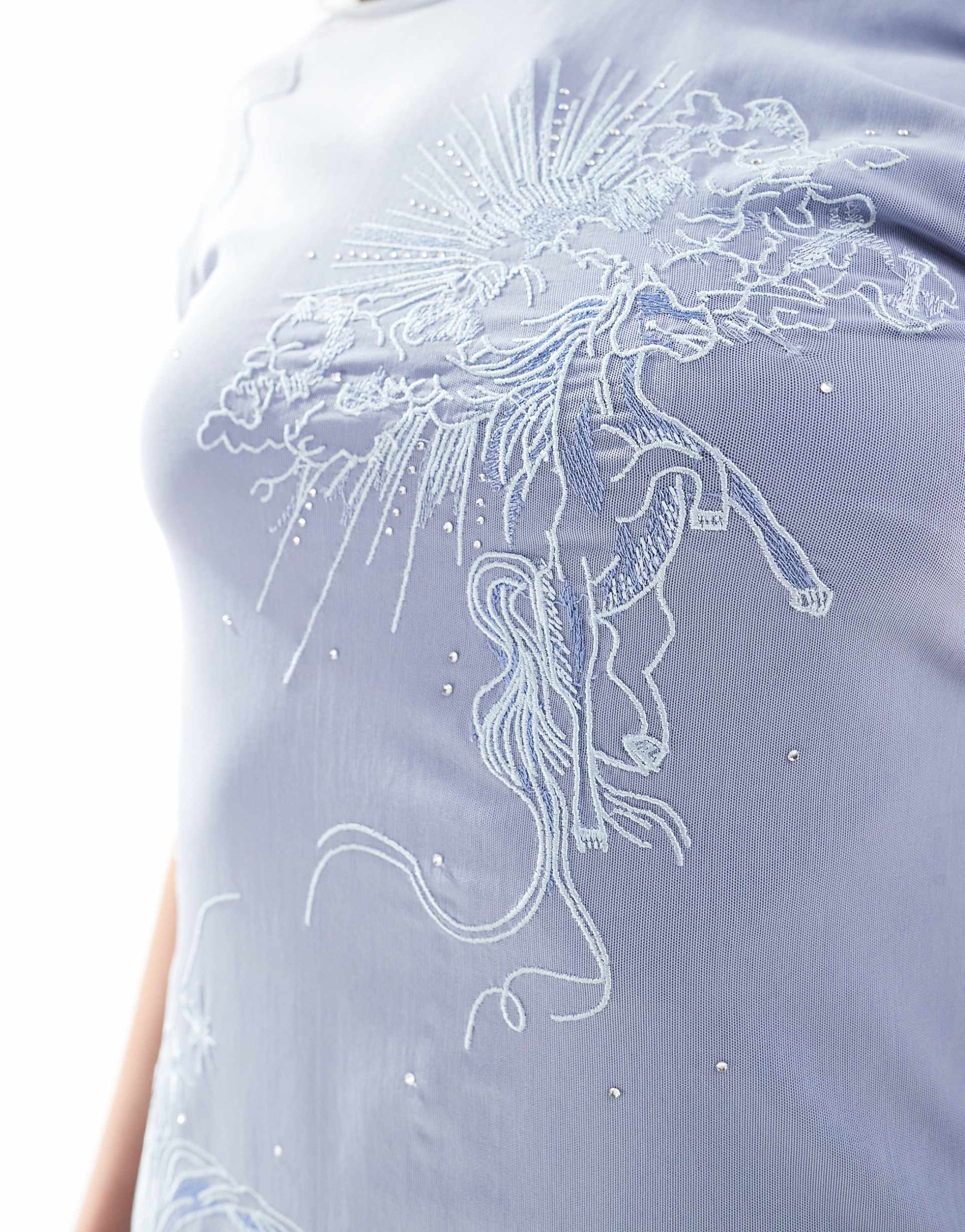 asos design short sleeve mini dress with floral embroidery in blue