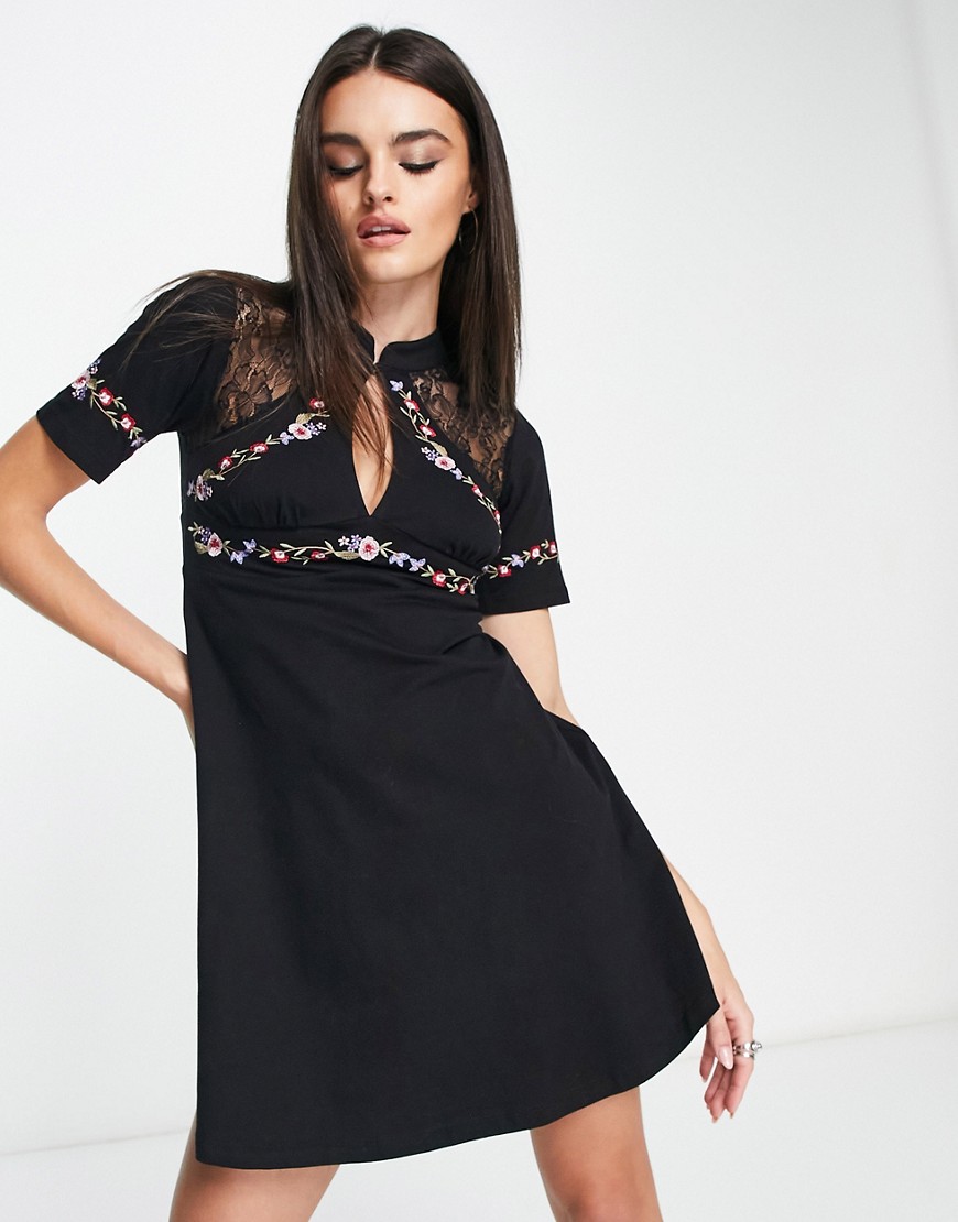 ASOS DESIGN short sleeve mini dress with lace detail and floral embroidery in black