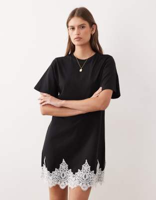 Asos Design Short Sleeve Mini Dress With Lace Trim Hem In Multi